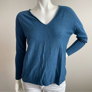 LILLA P Blue Cotton Blend V-Neck Long Sleeve Sweater